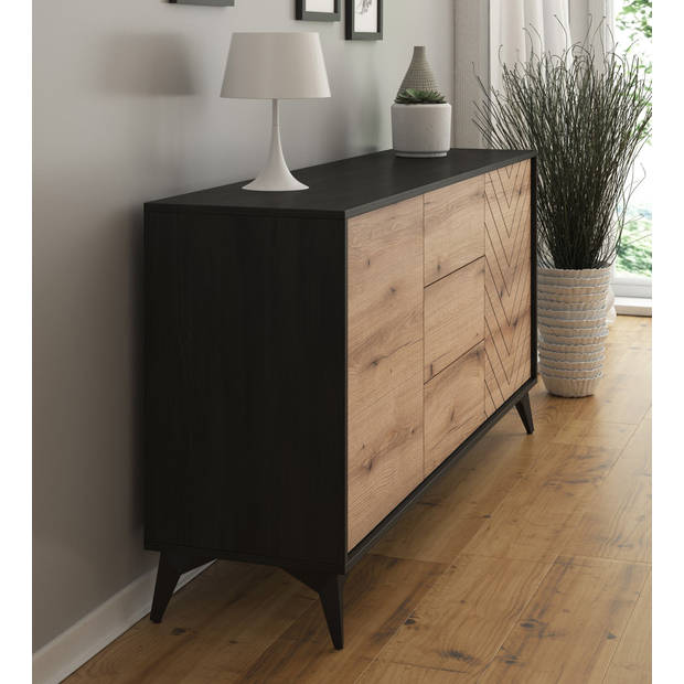 Meubella Dressoir Dolores - Eiken - Zwart - 154 cm - met lades