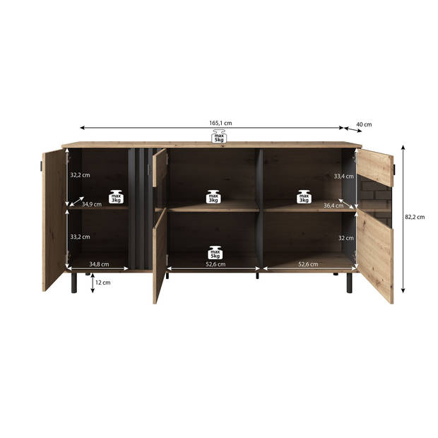 Meubella Dressoir Marcos - Eiken - Antraciet - 165 cm - met glas