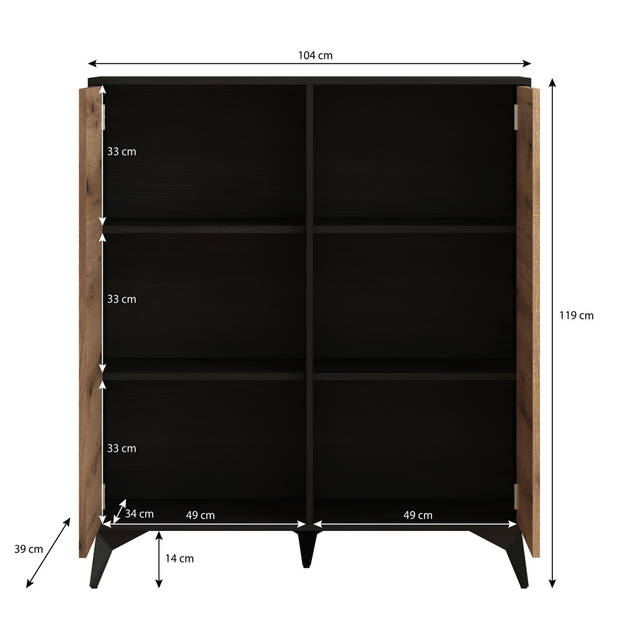 Meubella Dressoir Dolores - Eiken - Zwart - 104 cm - Hoog