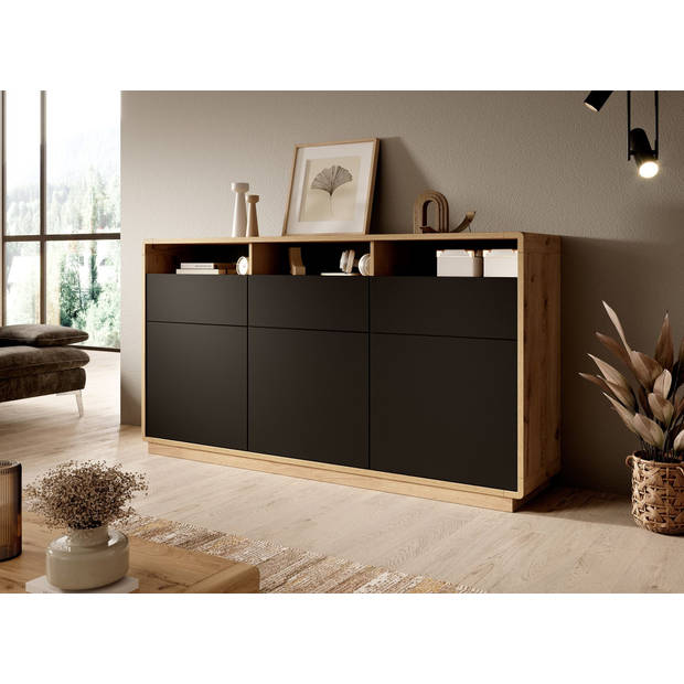 Meubella Dressoir Acuna - Mat zwart - Eiken - 180 cm