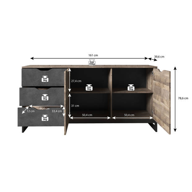 Meubella Dressoir Acasia - Grijs - Eiken - 161 cm