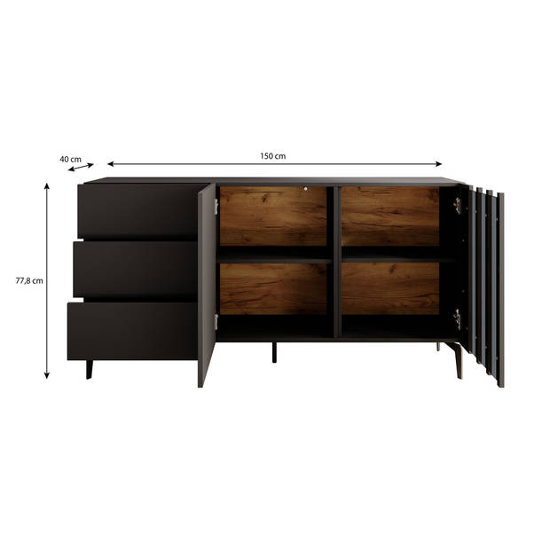 Meubella Dressoir Torres - Antraciet - 150 cm - 3 lades