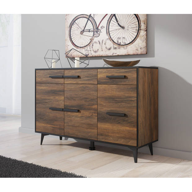 Meubella Dressoir Frey - Donker eiken - Zwart - 135 cm