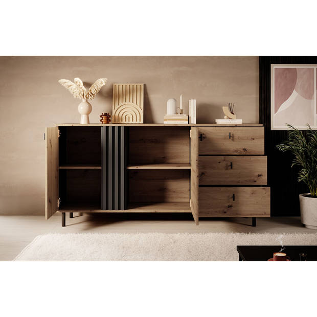 Meubella Dressoir Marcos - Eiken - Antraciet - 165 cm