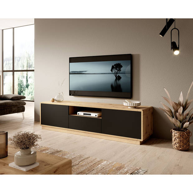 Meubella TV-Meubel Acuna - Mat zwart - Eiken - 180 cm