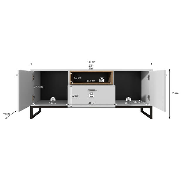 Meubella TV-Meubel Ozzy - Eiken - Zwart - 135 cm