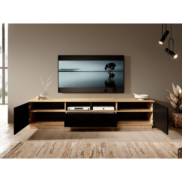 Meubella TV-Meubel Acuna - Mat zwart - Eiken - 200 cm