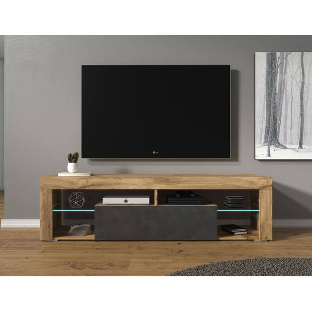 Meubella TV-Meubel Fancy - Grijs - Eiken - 140 cm - Met LED