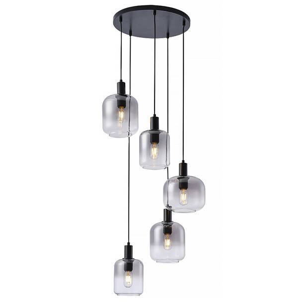 Freelight Hanglamp Vario 5 lichts Ø 50 cm rook glas zwart