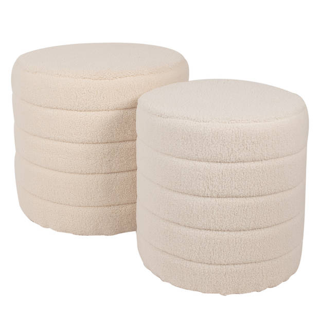 Clayre & Eef Hocker Set van 2 Ø 50x45 / Ø 40x40 cm Beige Hout Textiel Rond Voetenbankje Beige Voetenbankje