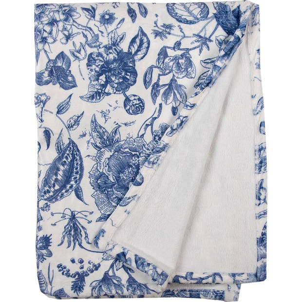 Clayre & Eef Plaid 130x170 cm Wit Blauw Polyester Rechthoek Bloemen Deken Wit Deken