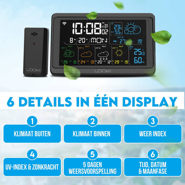 Looki Slim Weerstation met App – Weersverwachting – Hygrometer – Binnen en Buiten – Temperatuurmeter - Draadloos - WiFi