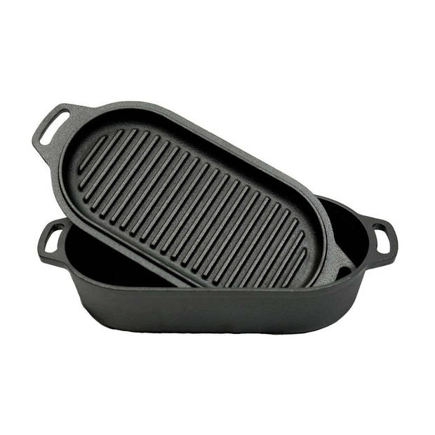 Valhal - Dutch Oven Braadpan Gietijzer met Grill Deksel Ovaal 2 Liter - Gietijzer - Zwart