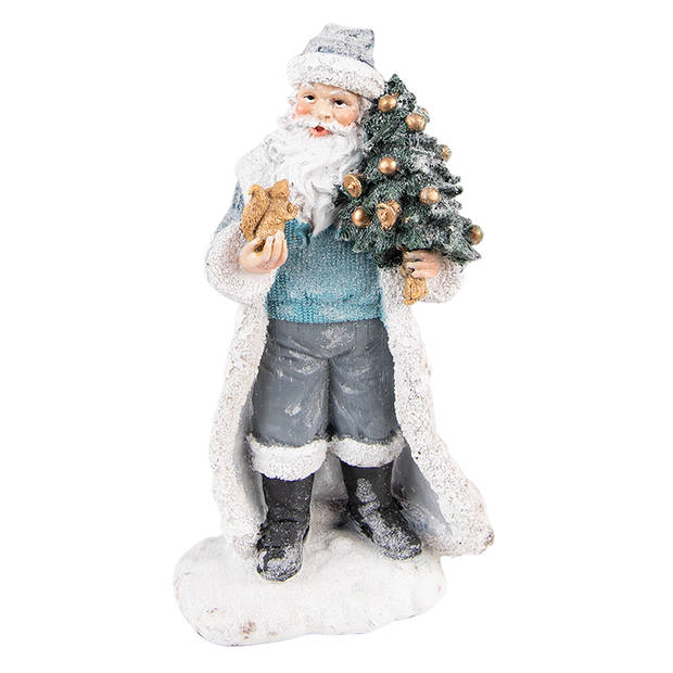 Clayre & Eef Beeld Kerstman 21 cm Grijs Blauw Polyresin Kerstdecoratie Grijs Kerstdecoratie