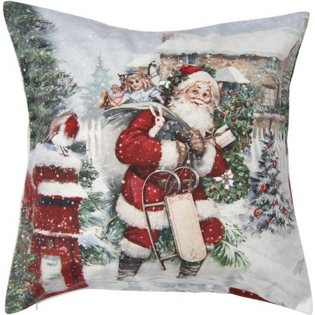 HAES DECO - Kerst Kussenhoes 45x45 cm - Wit - Collectie: Santa Red - Sierkussen, Kussenhoes