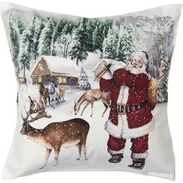 HAES DECO - Kerst Kussenhoes 45x45 cm - Wit - Collectie: Santa Red - Sierkussen, Kussenhoes