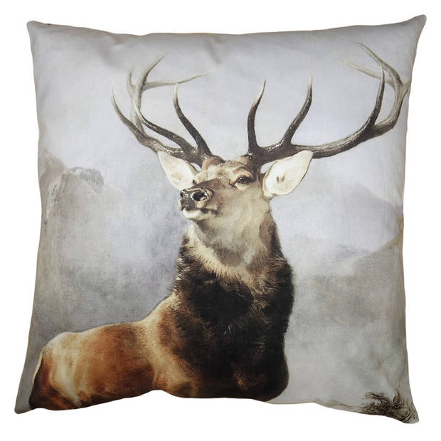 Clayre & Eef Kussenhoes 45x45 cm Bruin Grijs Polyester Hert Sierkussenhoes Bruin Sierkussenhoes