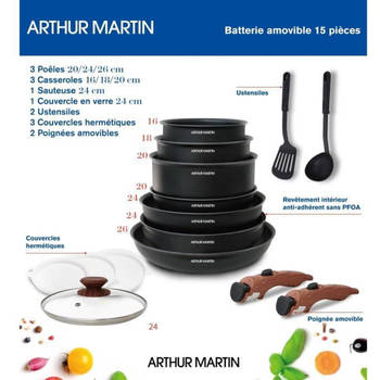 Arthur Martin AM1502 pannenset - 2 afneembare houtkleurige handgreep - 15-delig - deksels en kookgerei