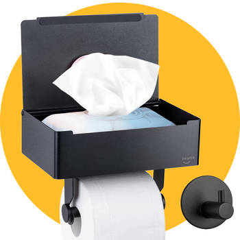 Toiletrolhouder Zwart met Plankje en Bakje - Zonder Boren - Pasper - wc rolhouder zelfklevend - inclusief Extra Handdoek