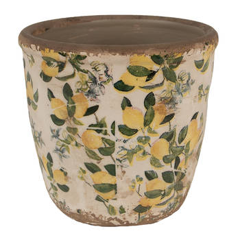 HAES DECO - Bloempot Ø 14x13 cm Beige Geel Keramiek Citroenen Bloempot Binnen