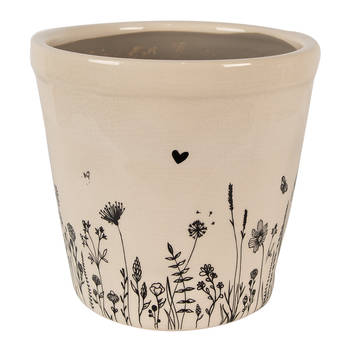 HAES DECO - Bloempot Ø 15x14 cm Beige Zwart Keramiek Bloemen Bloempot Binnen