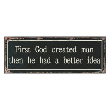 Clayre & Eef Tekstbord 36x13 cm Zwart Beige Ijzer Rechthoek First God created man then he had a better idea Wandbord