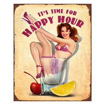 Clayre & Eef Tekstbord 20x25 cm Beige Roze Ijzer Rechthoek It's time for Happy Hour Wandbord Beige Wandbord