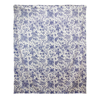 Clayre & Eef Plaid 130x170 cm Wit Blauw Polyester Rechthoek Bloemen Deken Wit Deken