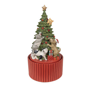 HAES DECO - Muziekdoos Kerstboom met verlichting Ø 14x27 cm - Groen - Kerst Figuur, Kerstdecoratie