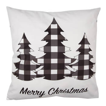 Clayre & Eef Kussenhoes 45x45 cm Wit Zwart Polyester Kerstbomen Merry Christmas Sierkussenhoes Wit Sierkussenhoes