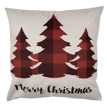 Clayre & Eef Kussenhoes 45x45 cm Rood Beige Polyester Kerstbomen Merry Christmas Sierkussenhoes Rood Sierkussenhoes