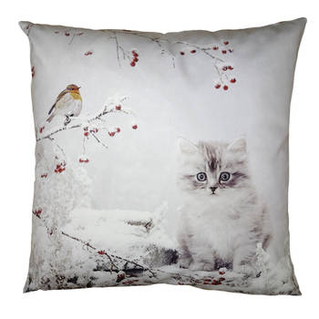 Clayre & Eef Kussenhoes 45x45 cm Wit Polyester Kat Sierkussenhoes Wit Sierkussenhoes