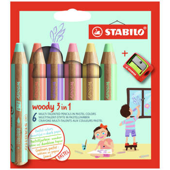 STABILO woody 3 in 1 - multitalent kleurpotlood - etui met 6 kleuren incl. puntenslijper
