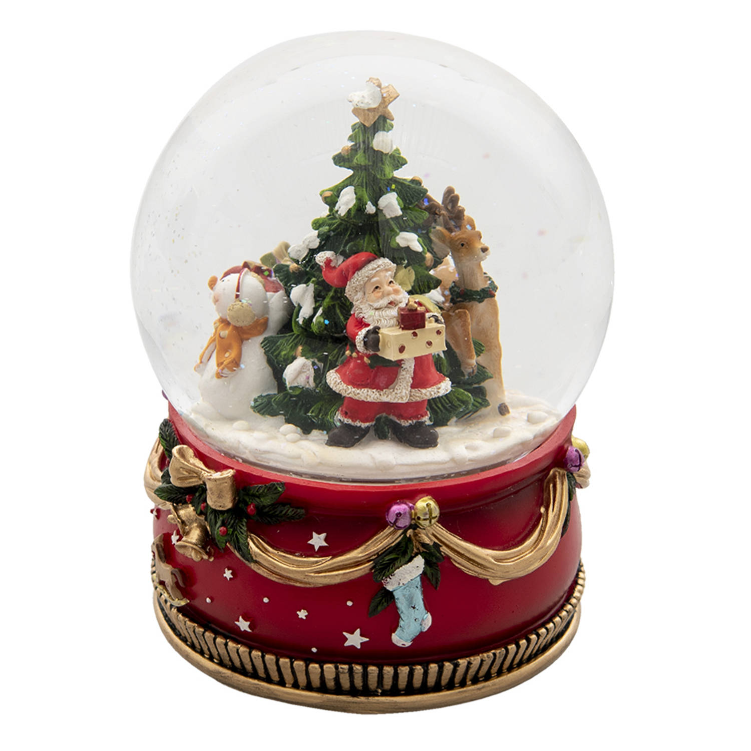 HAES DECO - Sneeuwbol met Kerstman - Formaat Ø 15x20 cm / 2xAA - Kleur Rood - Materiaal Polyresin / Glas - Kerst Figuur, Kerstdecoratie, Schudbol