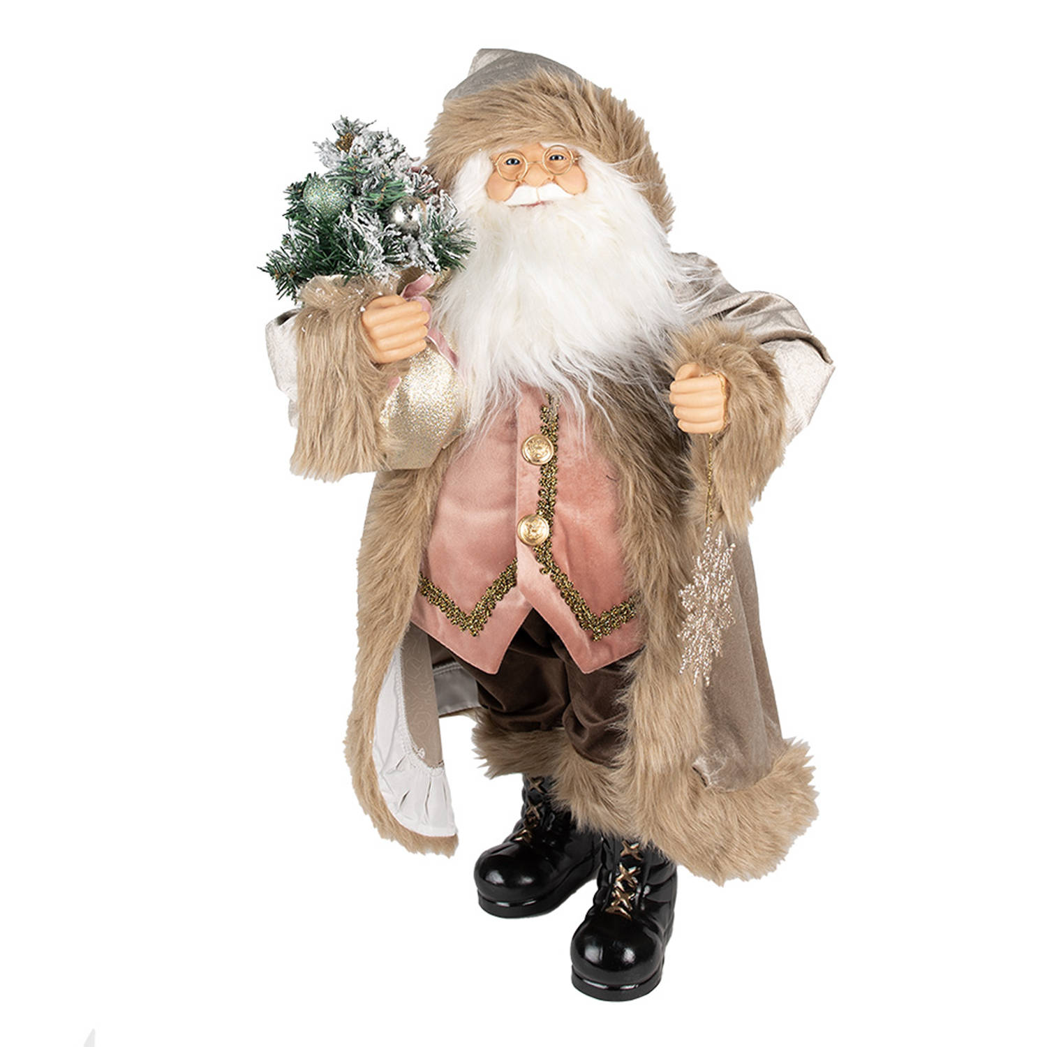 HAES DECO - Kerstman deco Figuur - Formaat 15x10x30 cm - Collectie: Traditional Santa - Kleur Beige - Materiaal Textiel op kunststof - Kerst Figuur, Kerstdecoratie