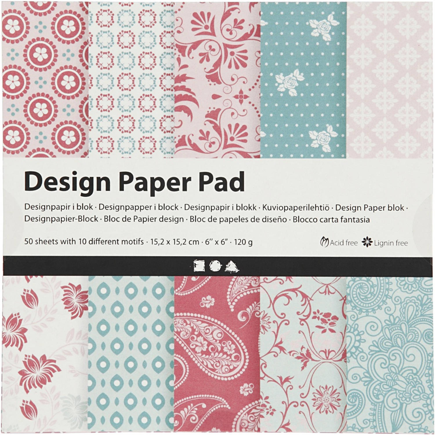 Creotime designpapier blok blauw/roze 15,2 cm 50 vellen