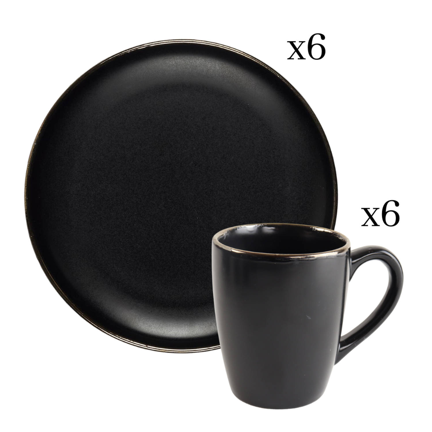 OTIX Koffiekopjes met Ontbijtborden - 6 persoons - 12-delig - Met Oor - 350ml - Zwart met Gouden Rand - Keramiek - 20cm
