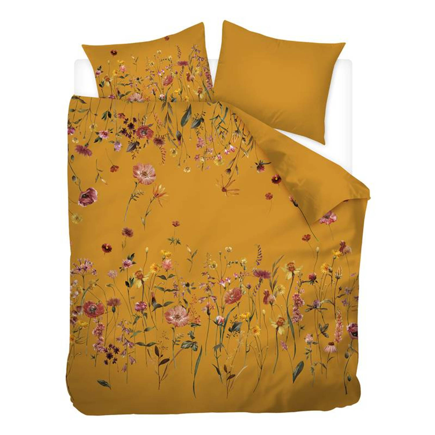 Snoozing Meadow Flowers - Flanel - Dekbedovertrek - Tweepersoons - 200x200/220 cm - Okergeel