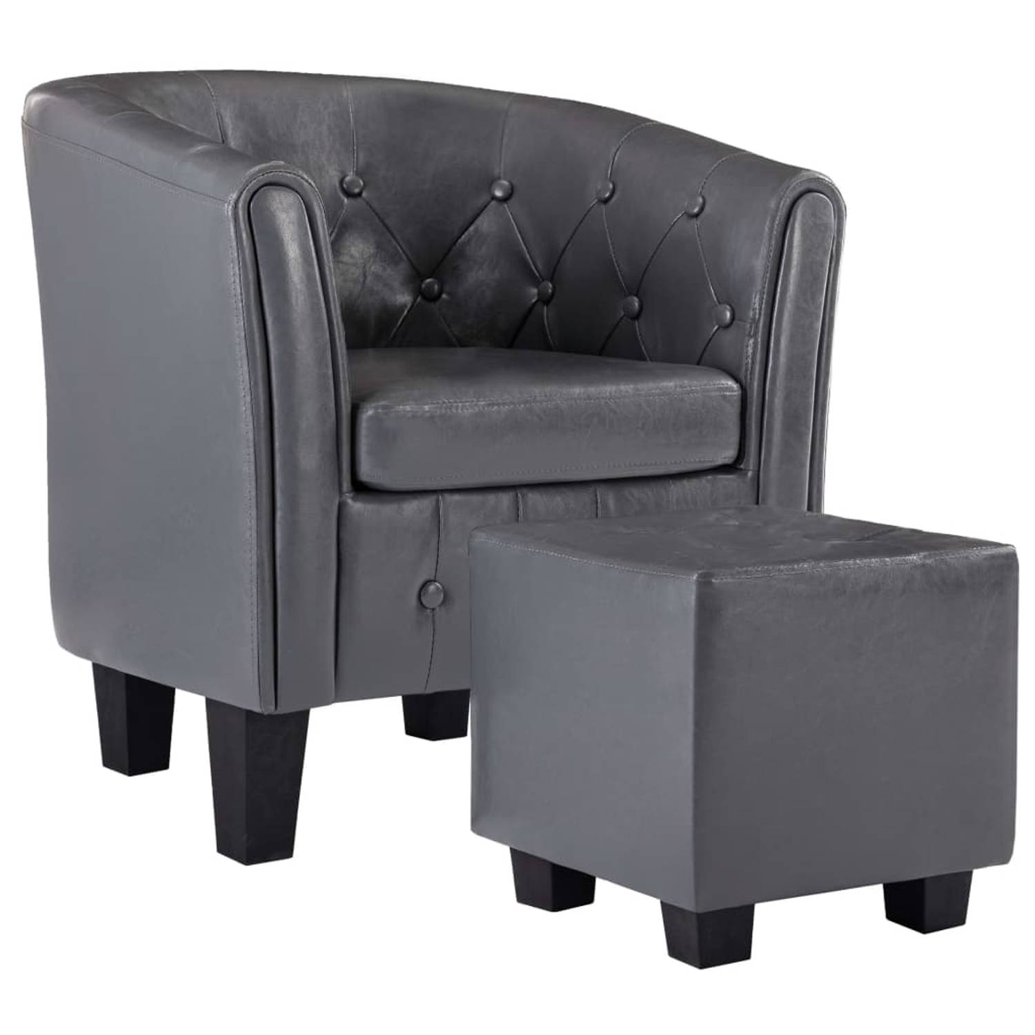 The Living Store Fauteuil Comfort Grijs - Kunstleren stoffering - Massieve constructie - Inclusief voetenbankje - 64x57x70 cm