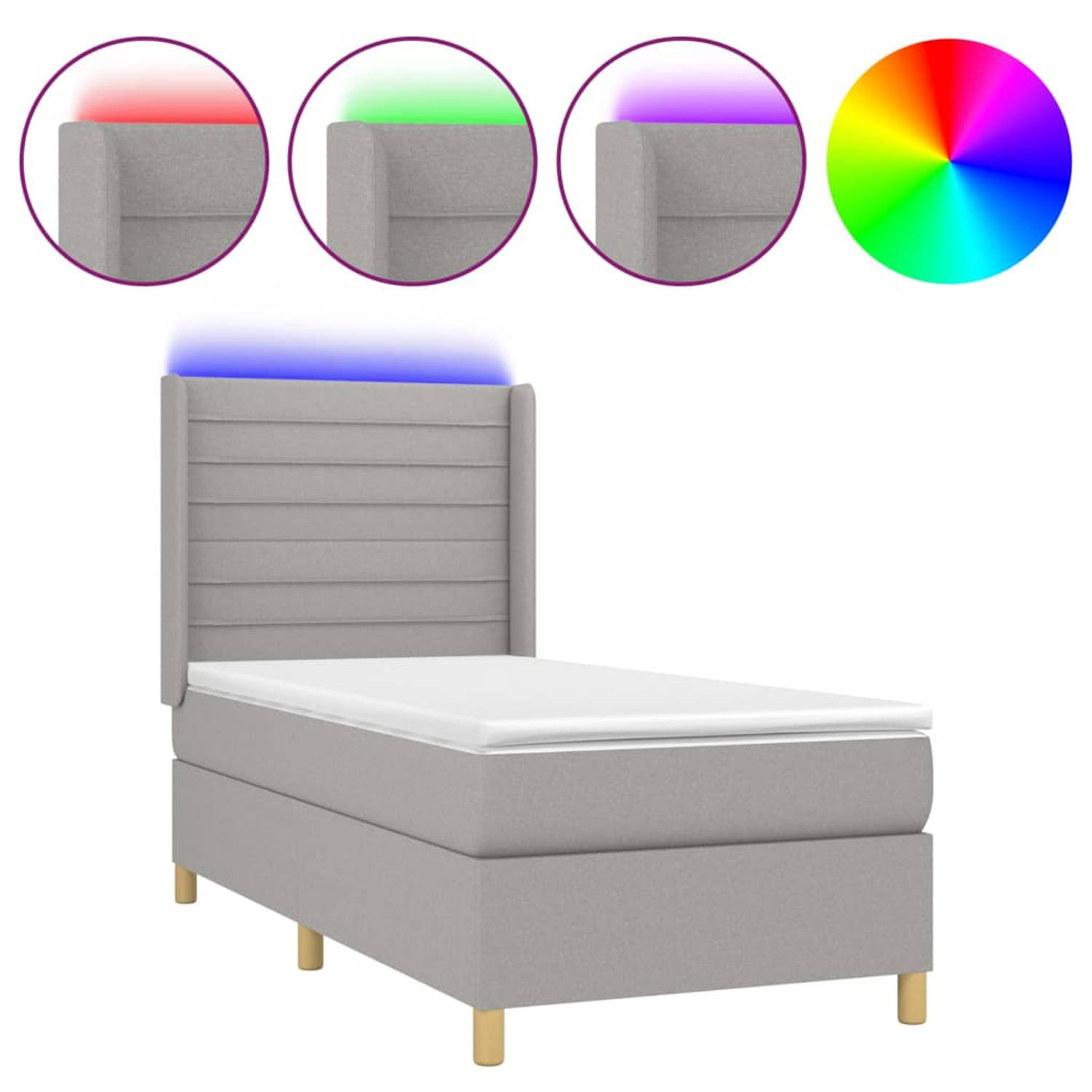 The Living Store Boxspring Bed - Lichtgrijs - 203 x 83 x 118/128 cm - Verstelbaar hoofdbord - LED-verlichting - Pocketvering matras - Huidvriendelijk topmatras