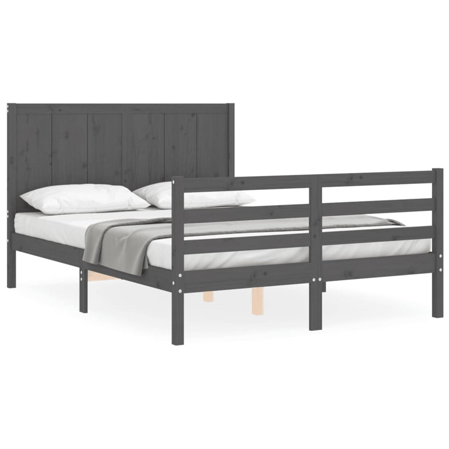 The Living Store Bedframe met hoofdbord massief hout grijs 4FT Small Double - Bedframe - Bedframes - Bed - Tweepersoonsbed - Slaapkamermeubel - Houten Bedframe - Houten Bed - Bedbo