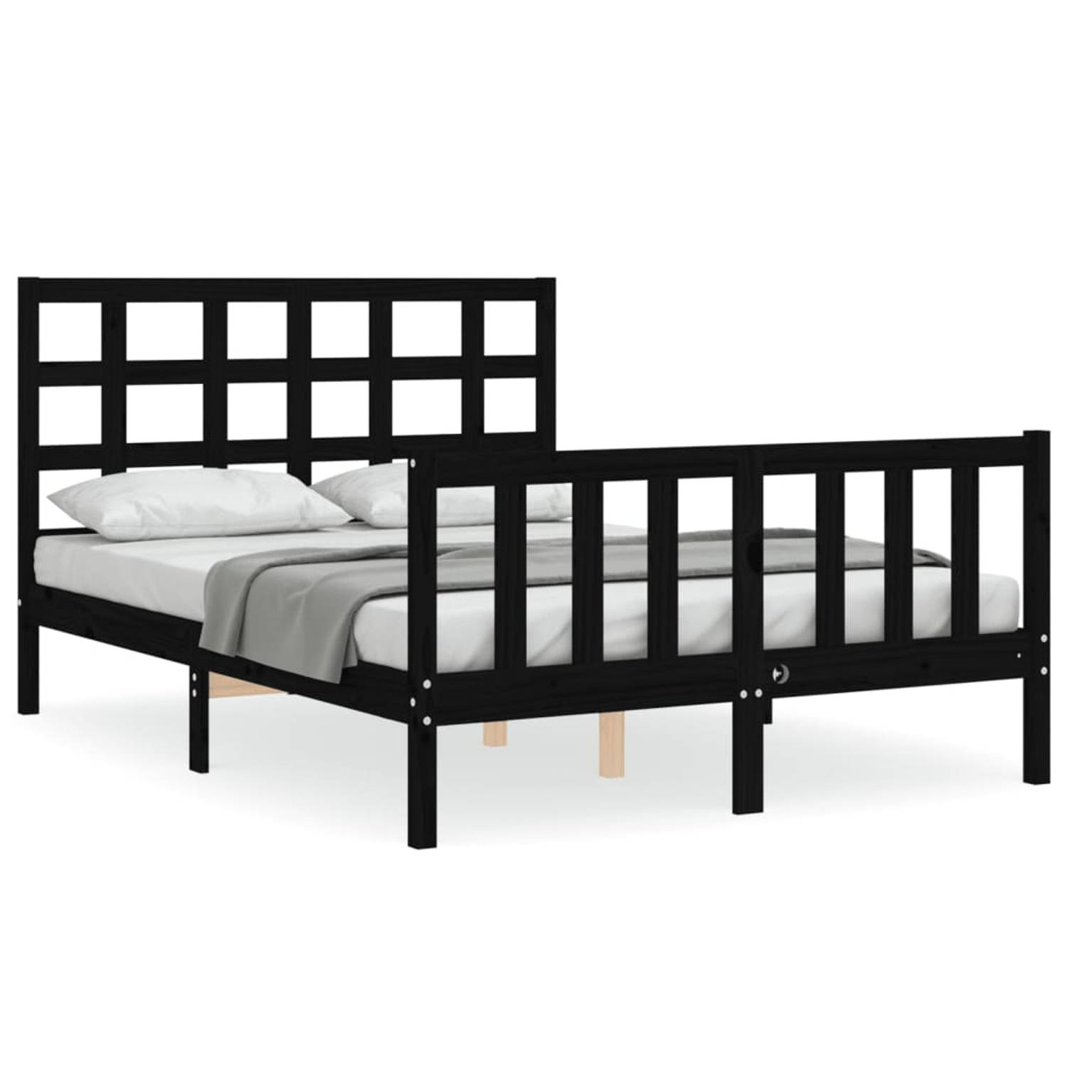 The Living Store Bedframe met hoofdbord massief hout zwart 4FT Small Double - Bedframe - Bedframes - Bed - Tweepersoonsbed - Slaapkamermeubel - Houten Bedframe - Houten Bed - Bedbo