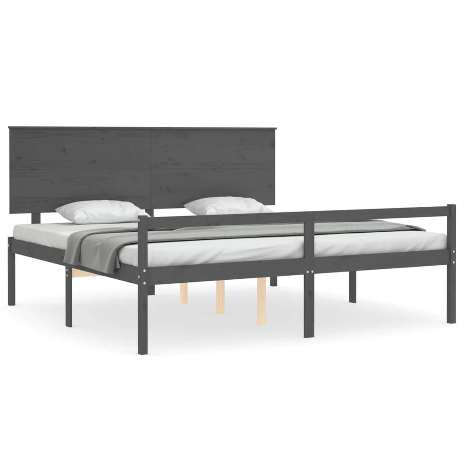 The Living Store Bedframe met hoofdbord massief hout grijs 200x200 cm - Bedframe - Bedframes - Bed - Tweepersoonsbed - Slaapkamermeubel - Houten Bedframe - Houten Bed - Bedbodem -