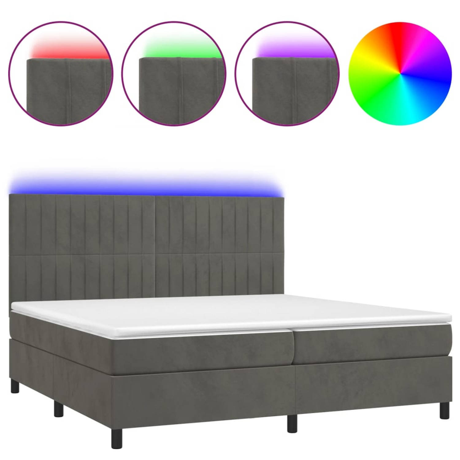The Living Store Boxspring met matras en LED fluweel donkergrijs 200x200 cm - Bed