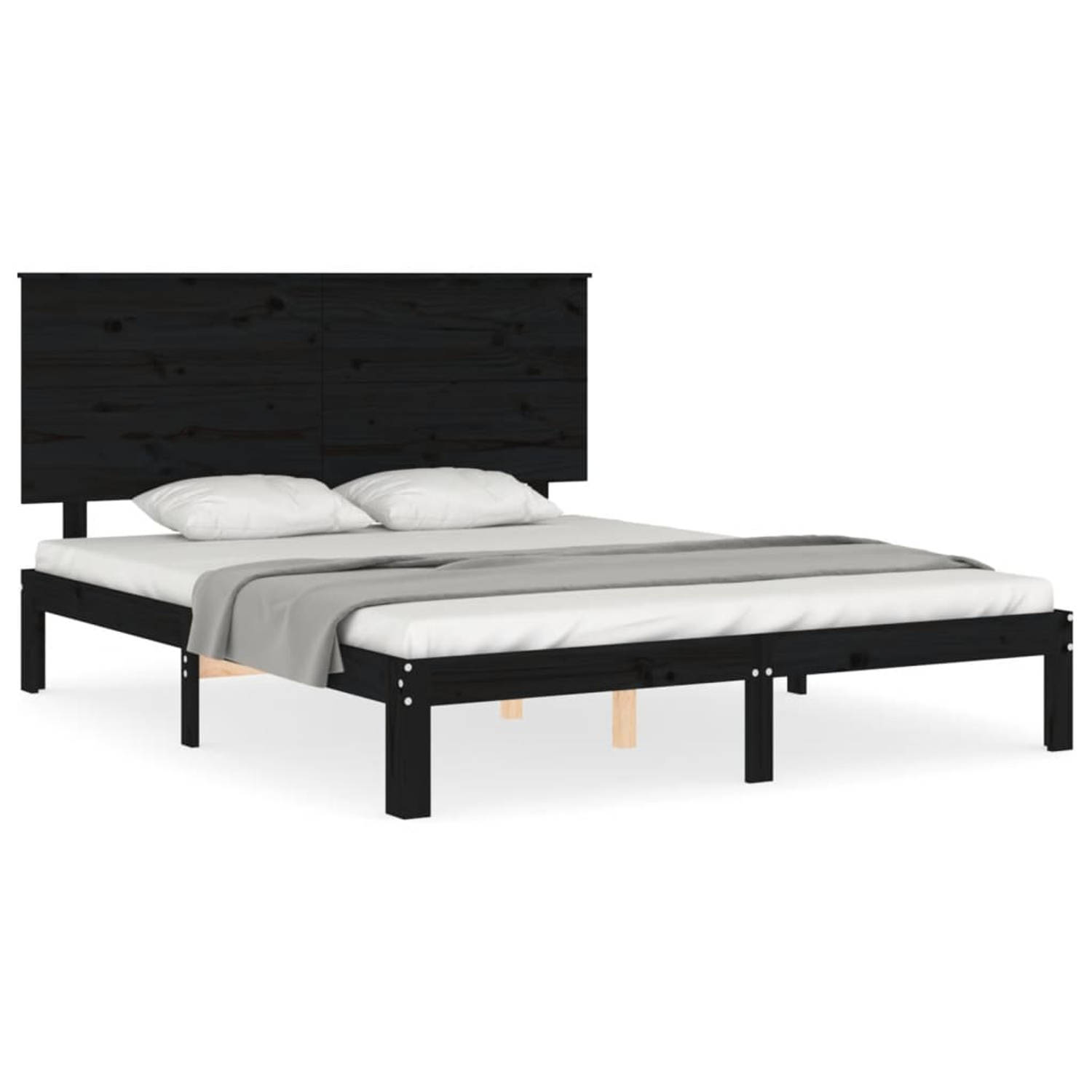 The Living Store Bedframe met hoofdbord massief hout zwart 5FT King Size - Bed