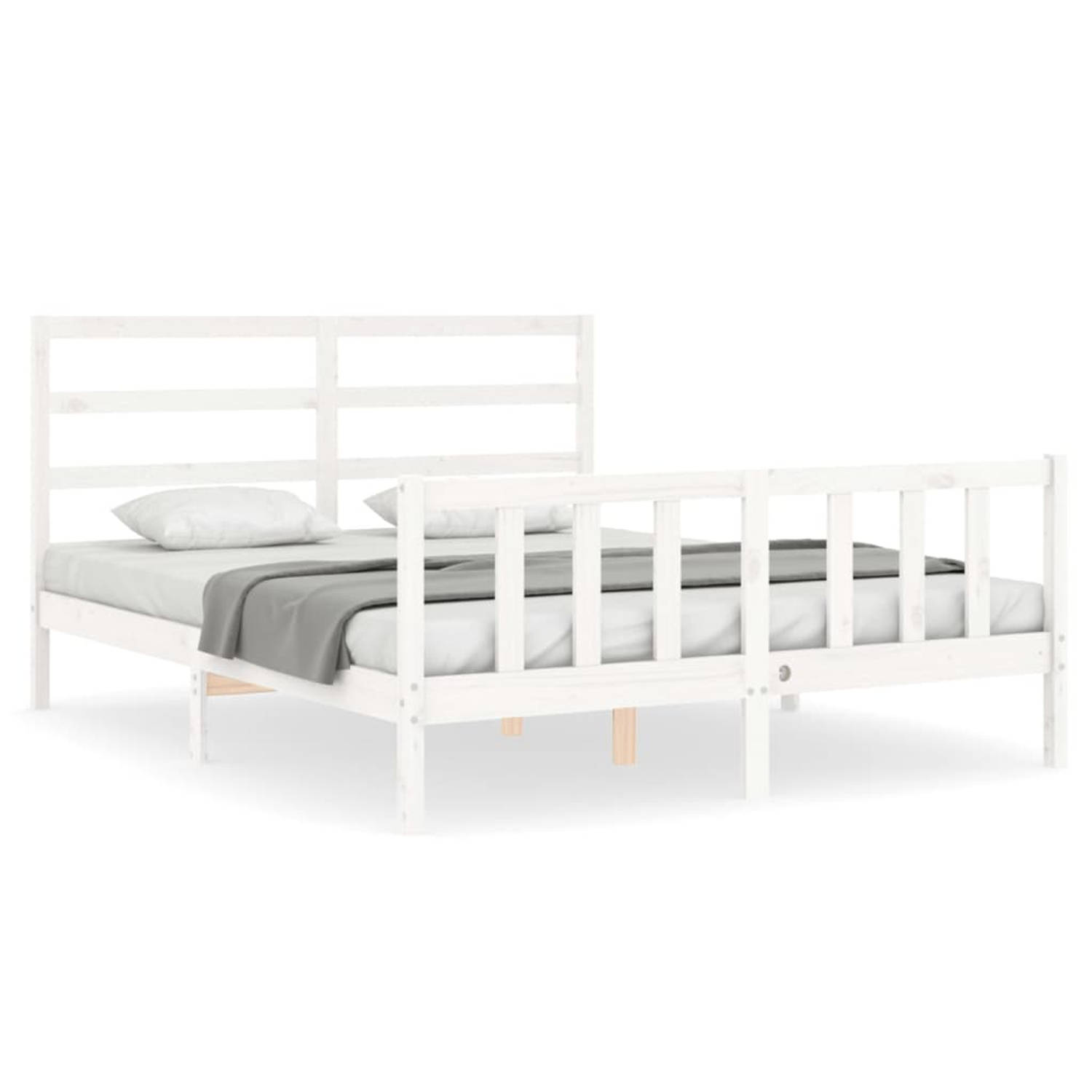 The Living Store Bedframe met hoofdbord massief hout wit 160x200 cm - Bedframe - Bedframes - Bed - Tweepersoonsbed - Slaapkamermeubel - Houten Bedframe - Houten Bed - Bedbodem - Ma