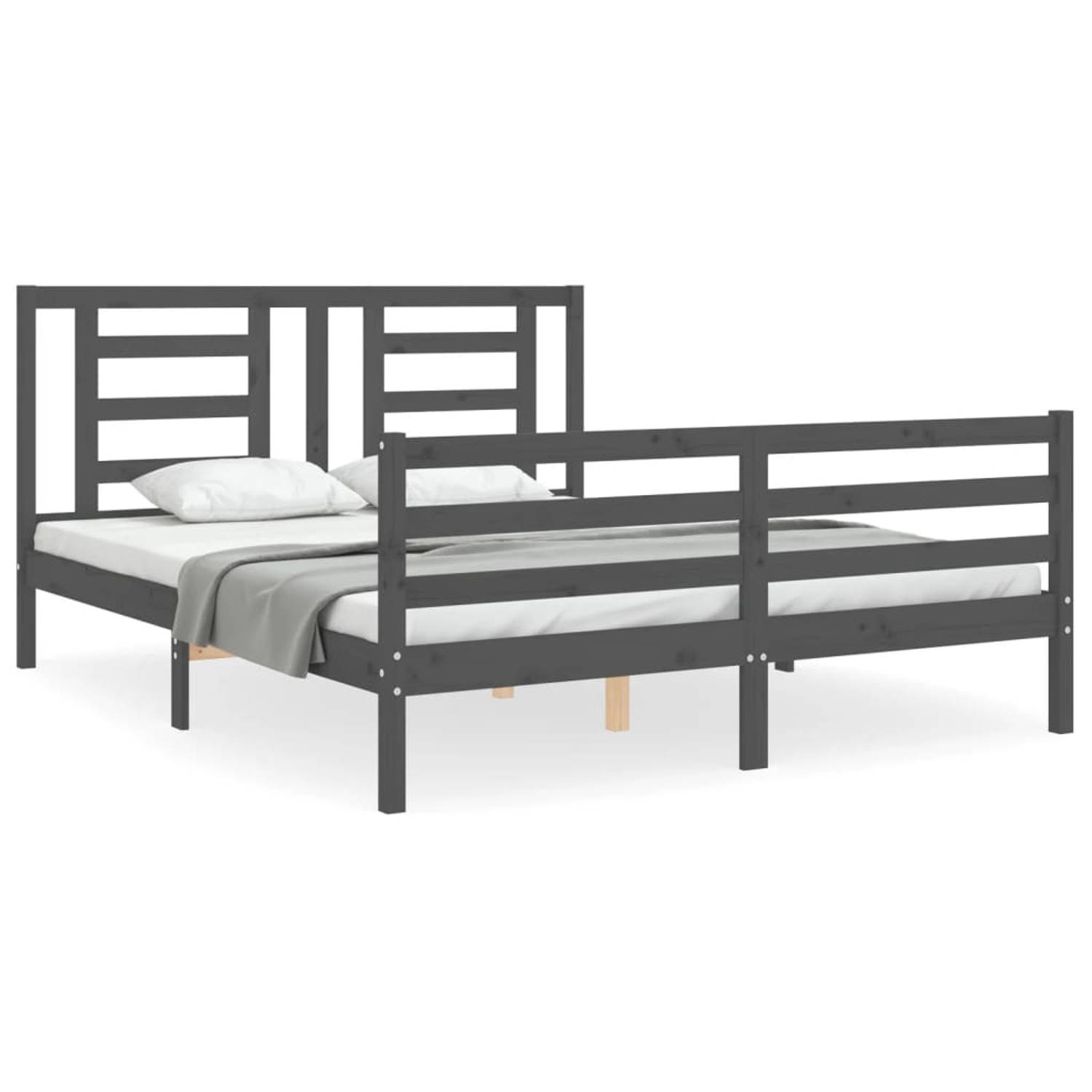 The Living Store Bedframe met hoofdbord massief hout grijs 160x200 cm - Bedframe - Bedframes - Bed - Tweepersoonsbed - Slaapkamermeubel - Houten Bedframe - Houten Bed - Bedbodem -