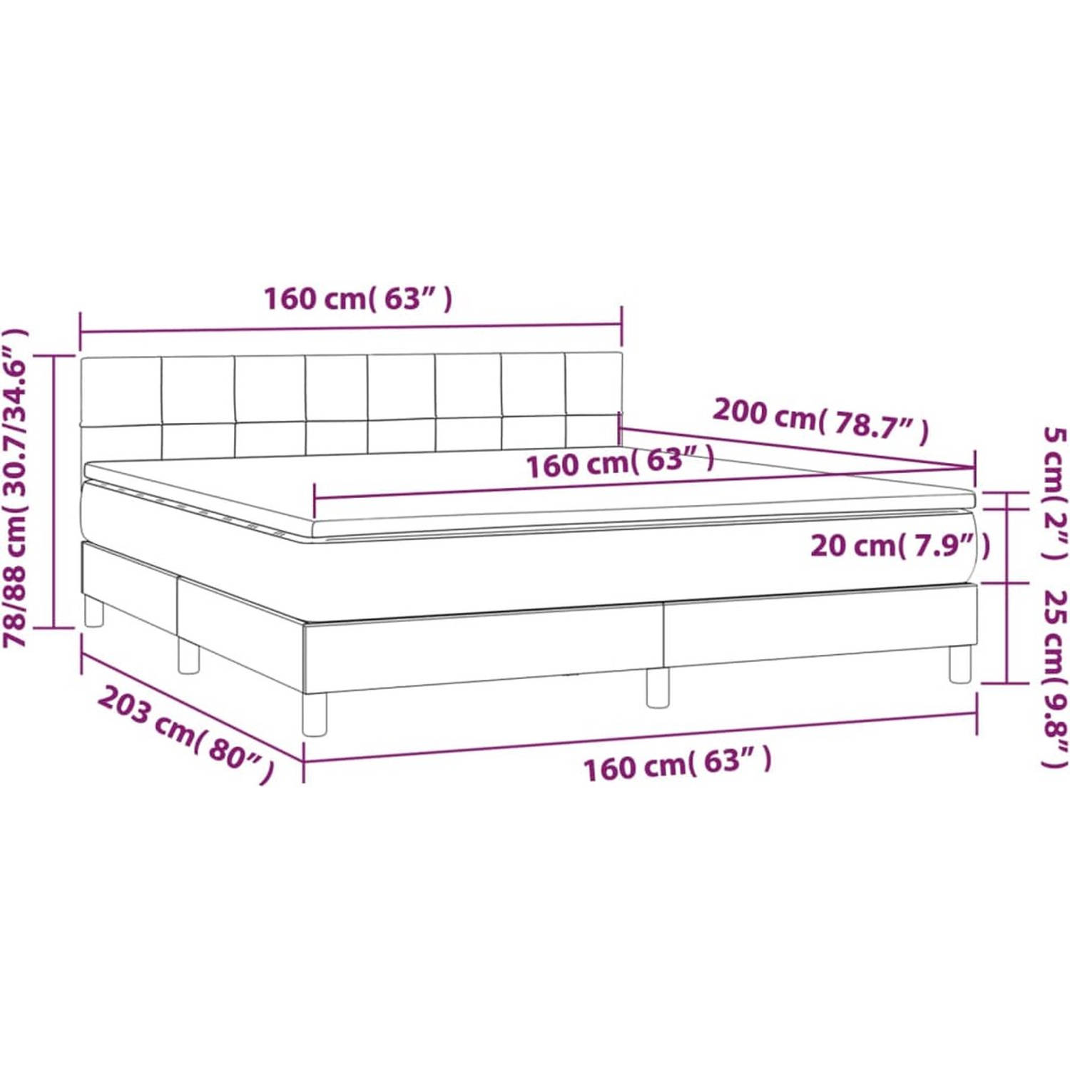 The Living Store Bed Donkergrijs Boxspring - 203x160x78/88 cm - Zacht fluweel