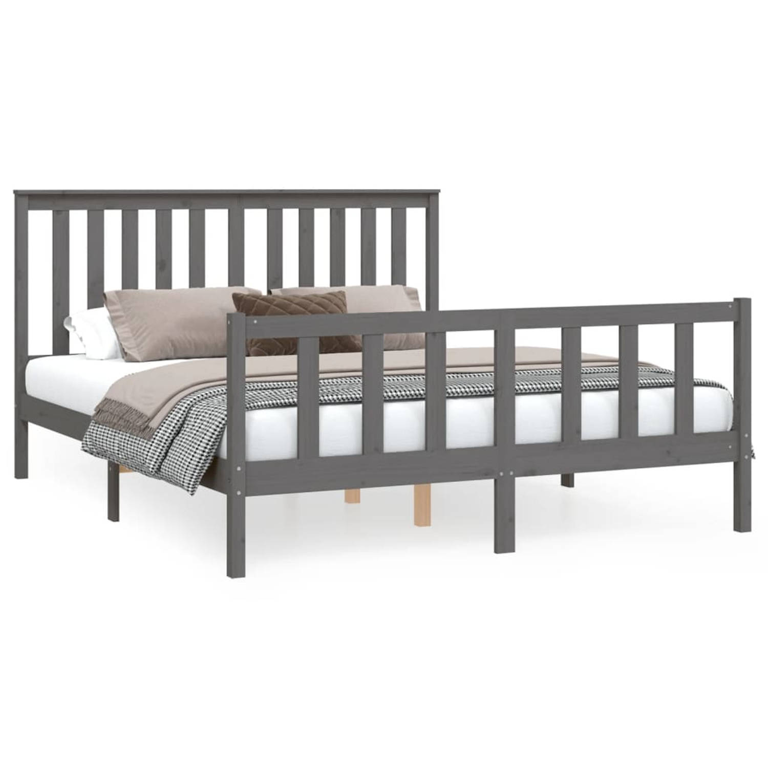 The Living Store Bedframe en hoofdbord grenenhout grijs 150x200 cm 5FT King Size - Bedframe - Bedframes - Tweepersoonsbed - Bed - Bedombouw - Dubbel Bed - Frame - Bed Frame - Ledik