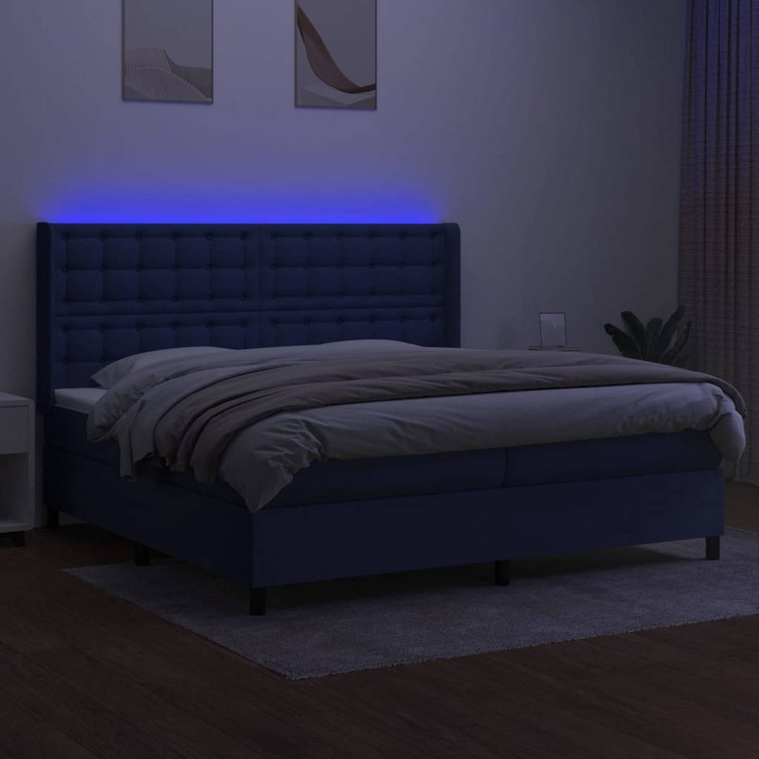 The Living Store Boxspring - LED - Blauw - 203x203x118/128 cm - Pocketvering matras - Huidvriendelijk topmatras - Incl - LED-strips